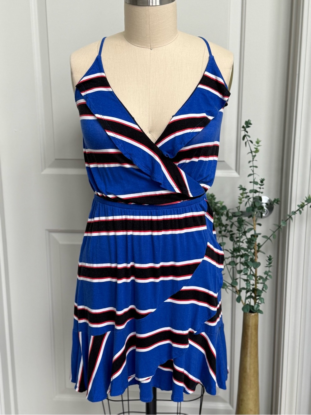 Express Blue Striped Wrap-Style Mini Dress